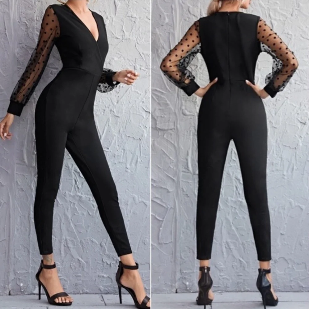 Black Polka Dot Sheer Sleeve Fitted Jumpsuit